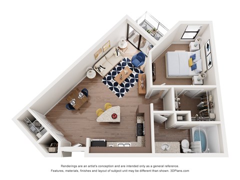 A 3D floor plan of a house with a kitchen, living room, and bedrooms.